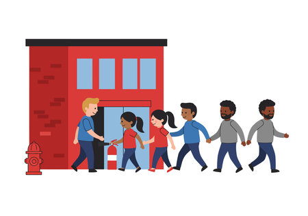 Fire drill clip art. A group of people, including children and adults, are participating in a fire drill outside a red building. Vector illustration design.のイラスト素材