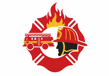 Fire department clip art. This image shows a firefighter helmet, fire truck, and flames in a...