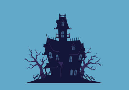 Haunted house clipart background. A spooky, dark house with crooked windows and doors, surrounded by bare trees and a broken fence. Vector illustration design.のイラスト素材