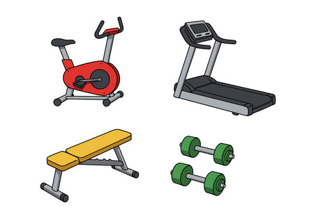 Fitness equipment clipart. This image shows a stationary bike, treadmill, weight bench, and dumbbells. Vector illustration design.のイラスト素材