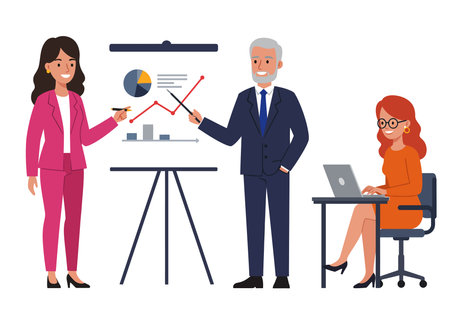 Business people clip art. Three business people are discussing charts and graphs, symbolizing teamwork and data analysis. Vector illustration design.のイラスト素材