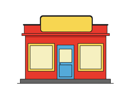Small business clip art. This image shows a small red storefront with a blue door and a large yellow sign, symbolizing a retail or commercial space. Vector illustration design.のイラスト素材