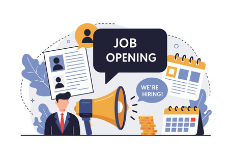 Job openings clip art. This image shows a job opening announcement with elements such as a resume, calendar, megaphone, and coins. Vector illustration design.のイラスト素材