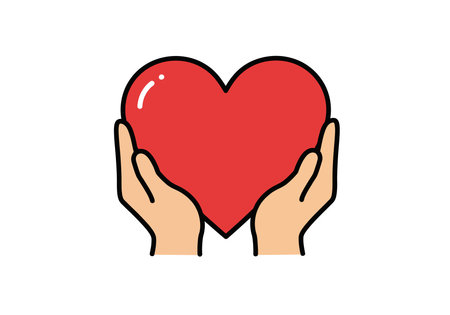 Caring heart clipart. Two hands gracefully holding a red heart, symbolizing compassion, love, and care. Vector illustration design.のイラスト素材