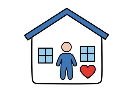 Home care clip art. This image shows a person inside a house with two windows and a heart symbol, emphasizing care and safety. Vector illustration design.のイラスト素材