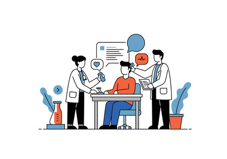 Health screening clipart. Doctors are examining a patient with medical equipment and discussing health data in a professional setting. Vector illustration design.のイラスト素材