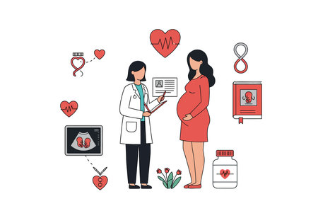 Prenatal care clip art. This image shows a pregnant woman silhouette surrounded by medical icons related to prenatal care. Vector illustration design.のイラスト素材