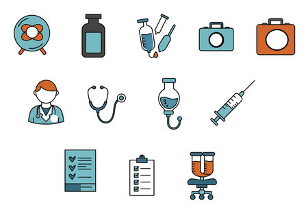 Medical field clipart. This image shows various medical-related icons such as a stethoscope, syringe, pill bottle, and medical bag. Vector illustration design.のイラスト素材