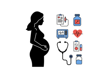 Prenatal care clipart. This image shows a silhouette of a pregnant woman with medical icons, including a stethoscope and a heart monitor. Vector illustration design.のイラスト素材