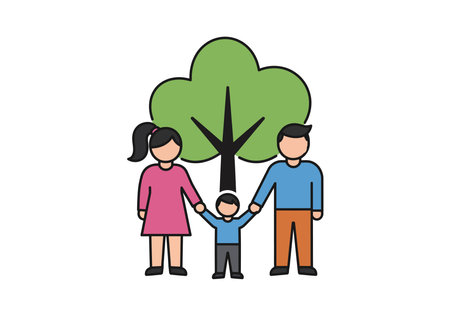 Health equity clipart. This image shows a family of three holding hands in front of a tree, symbolizing unity, care, and connection. Vector illustration design.のイラスト素材