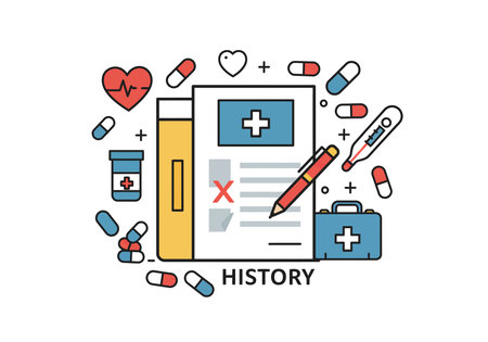 Medical history clipart. This image shows various medical elements such as a heart, pills, a thermometer, a medical file, and a pen. Vector illustration design.のイラスト素材