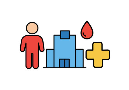 Public health clip art. This image shows a person, a hospital building, a blood drop, and a medical cross. Vector illustration design.のイラスト素材
