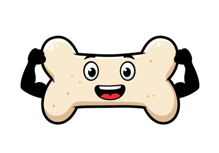 Strong bone clipart. This image shows a cartoon bone with a smiling face and muscular arms flexing. Vector illustration design.のイラスト素材