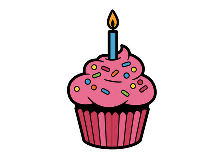 Cupcake clipart birthday. A festive cupcake with pink frosting, colorful sprinkles, and a lit blue...