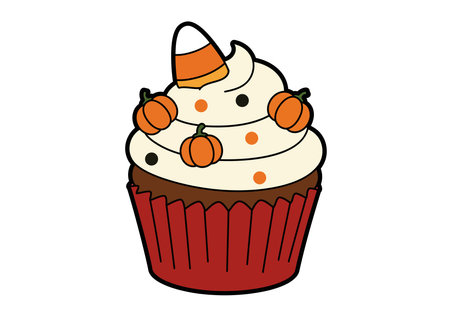 October cupcake clipart. A cupcake with white frosting, decorated with pumpkins, candy corn, and orange and black dots. Vector illustration design.のイラスト素材