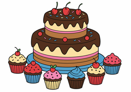 Cake and cupcake clipart. A two-tier chocolate cake topped with cherries and sprinkles, surrounded...