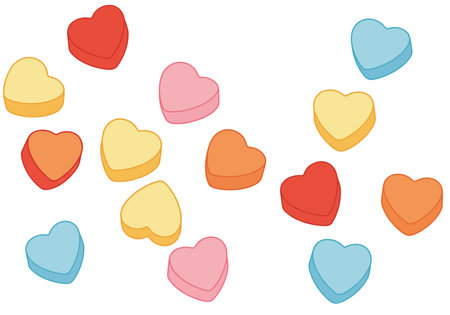 Clip art conversation hearts. Colorful heart-shaped candies scattered randomly, showcasing festive love and cheer. Vector illustration design.のイラスト素材