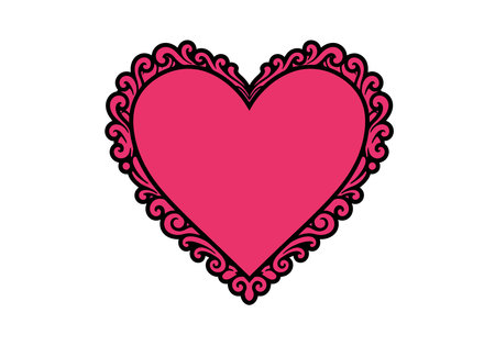Fancy heart clip art. A pink heart with an ornate black border featuring swirls and curls, symbolizing elegance and romance. Vector illustration design.のイラスト素材