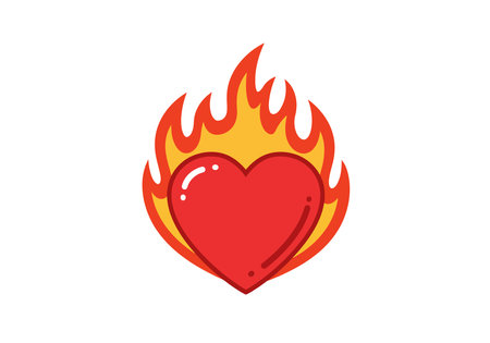 Flaming heart clipart. A red heart surrounded by orange and yellow flames, symbolizing passion and intensity. Vector illustration design.のイラスト素材