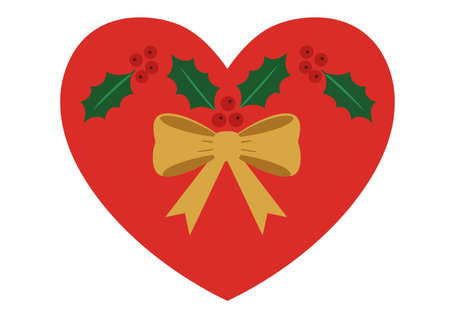 Christmas heart clipart. A red heart adorned with holly leaves, berries, and a golden bow, symbolizing festive joy and love. Vector illustration design.のイラスト素材
