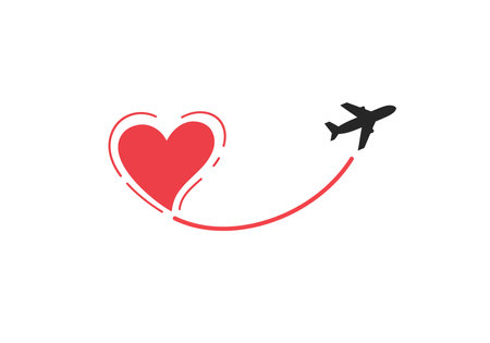 Airplane heart clipart. A black airplane with a red heart-shaped trail, symbolizing love and travel. Vector illustration design.のイラスト素材