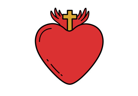 Sacred heart clip art. This image shows a red heart with a golden cross and flames at the top, symbolizing religious devotion and spirituality. Vector illustration design.のイラスト素材