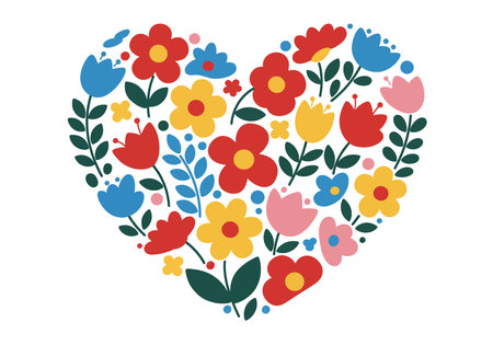 Floral heart clipart. This image shows a heart shape filled with colorful flowers and leaves, symbolizing romance and nature. Vector illustration design.のイラスト素材