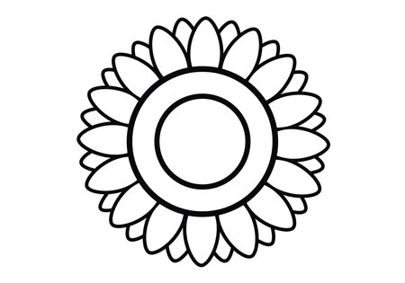 Sunflower outline clip art. A simple black and white outline of a sunflower with detailed petals and circular center. Vector illustration design.のイラスト素材