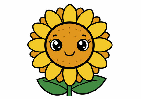 Cartoon sunflower clipart. This image shows a bright sunflower with yellow petals, green leaves, and a happy face, symbolizing cheerfulness and nature. Vector illustration design.のイラスト素材