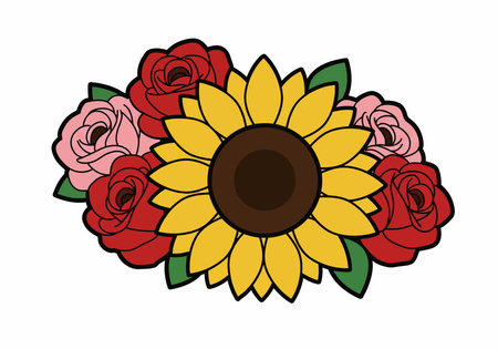 Rose and sunflower clipart. A charming arrangement of vibrant sunflowers and colorful roses with detailed petals and green leaves. Vector illustration design.のイラスト素材