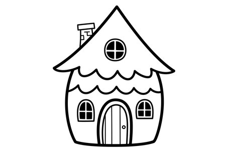 Fairy house black white clip art. This image shows a whimsical house with a curved roof, round windows, and a chimney. Vector illustration design.のイラスト素材
