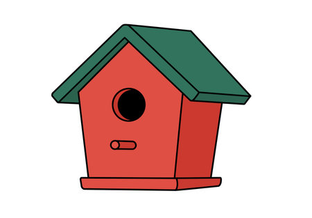 Bird house clip art. This image shows a red birdhouse with a green roof, a circular entrance hole, and a perch. Vector illustration design.のイラスト素材