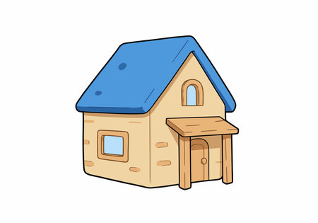 Bluey house clipart. This image shows a small house with a blue roof, beige walls, and wooden door and window frames. Vector illustration design.のイラスト素材