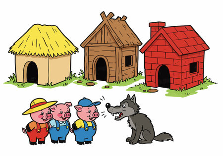 Clipart three little pigs. Three pigs in front of houses made of straw, wood, and brick with a wolf. Vector illustration design.のイラスト素材