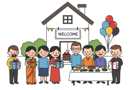 House warming clip art. This image shows a group of people holding gifts, surrounded by balloons and decorations, during a celebration. Vector illustration design.のイラスト素材