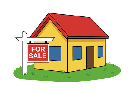 Home for sale clip art. This image shows a yellow house with a red roof and a "FOR SALE" sign in front. Vector illustration design.のイラスト素材