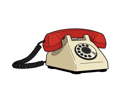 Landline phone clip art. This image shows a retro rotary telephone with a red handset and beige body, featuring a coiled cord and classic design. Vector illustration design.のイラスト素材