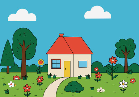 House background clipart. A small house with a red roof and yellow door surrounded by trees, flowers, and bushes under a blue sky with clouds. Vector illustration design.のイラスト素材