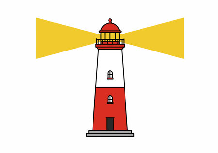 Light house clip art. This image shows a red and white lighthouse with a yellow light beam extending outward, guiding ships at sea. Vector illustration design.のイラスト素材