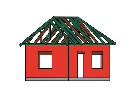 House frame clipart. This image shows a house frame with a red exterior and green roof structure. Vector illustration design.のイラスト素材