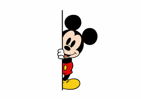 Mickey Mouse peeking clip art. Mickey Mouse is peeking from behind a vertical line, wearing red shorts and yellow shoes. Vector illustration design.のイラスト素材