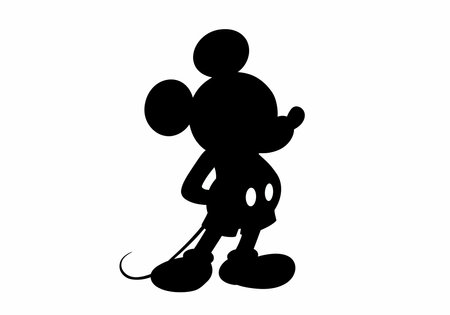 Mickey Mouse clipart silhouette. This image shows a black silhouette of Mickey Mouse standing with hands on hips and an iconic pose. Vector illustration design.のイラスト素材