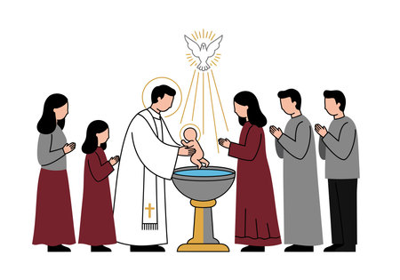 Catholic baptism clipart. The illustration depicts a priest baptizing a baby while family members...