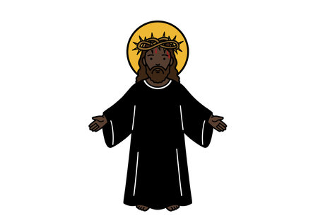 Black Nazarene clipart. Jesus Christ with a halo and crown of thorns, wearing a black robe with open arms. Vector illustration design.のイラスト素材