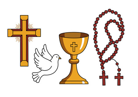 Catholic symbols clip art. This image shows a cross, a dove, a chalice, and a rosary. Vector illustration design.のイラスト素材
