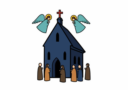 All Saints Day clip art. This image shows a church with a cross on top, two angels above, and people standing outside. Vector illustration design.のイラスト素材