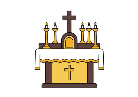 Church altar clipart. The image shows a church altar with a cross, candles, and decorative elements. Vector illustration design.のイラスト素材