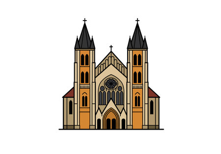 Cathedral clipart. This image shows a detailed vector illustration of a cathedral with two tall spires, a central rose window, and an ornate entrance. Vector illustration design.のイラスト素材