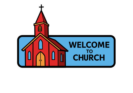 Welcome to church clip art. This image shows a red church with a cross on top and the text "WELCOME TO CHURCH" on a blue background. Vector illustration design.のイラスト素材