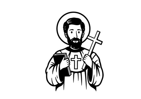Catholic clip art black and white. A religious figure holding a cross and a book, symbolizing devotion and faith, with a halo encircling the head. Vector illustration design.のイラスト素材